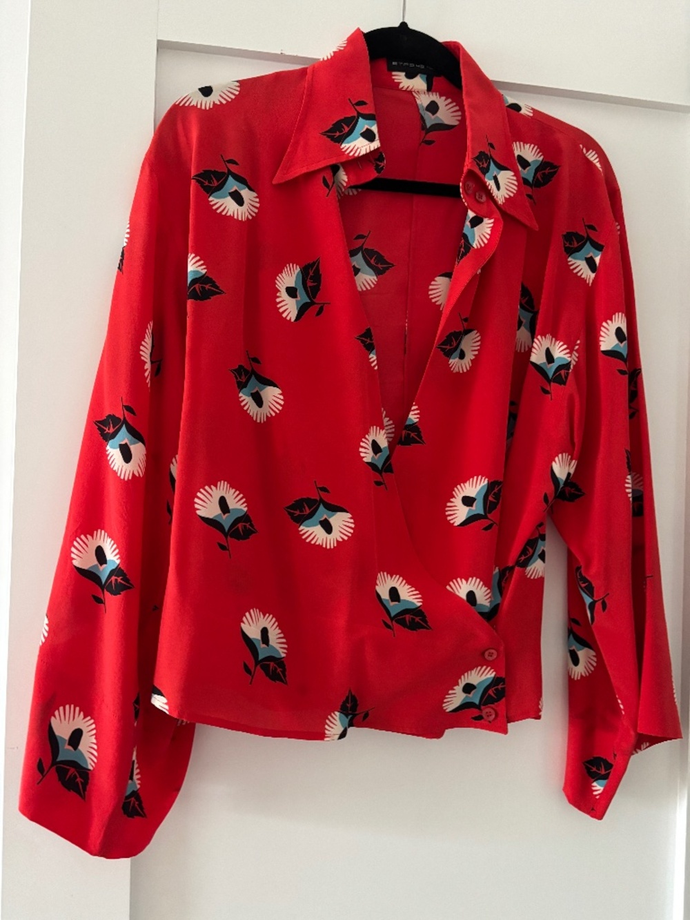 ETRO Italy 100% Silk Wrap Blouse Red Floral Surplice Top - IT 42 / US 6